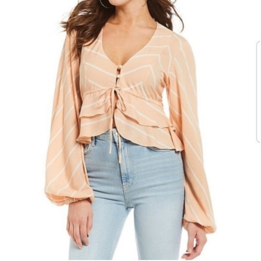 Free People Samifran Ruffled Top Peach Petal Combo LS Crop Blouse - Size M